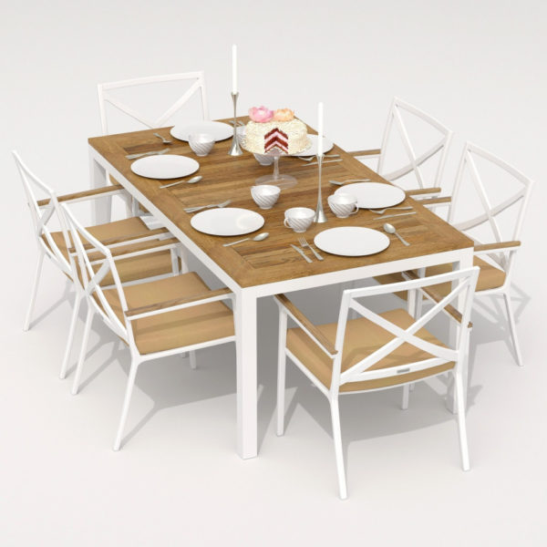 Алюминиевая мебель на террасу TELLA FESTA каркас белый стол тик 180 ткань бежевая