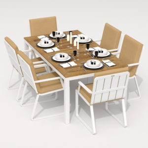 Алюминиевая мебель террасная TELLA ALBA каркас белый стол тик 180 ткань бежевая