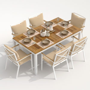 Мебель из алюминия обеденная TELLA FESTA plus каркас белый стол тик 180 ткань бежевая