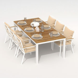 Мебель из алюминия обеденная TELLA FESTA plus каркас белый стол тик 200 ткань бежевая