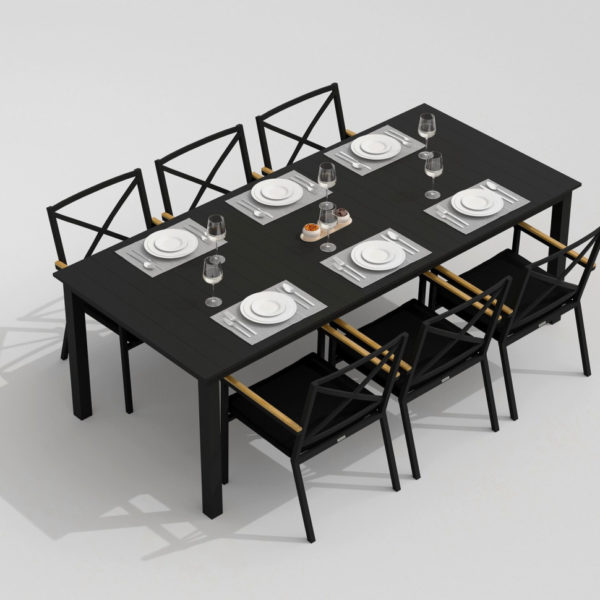 Мебель из алюминия обеденная группа DOLLA FESTA цвет карбон стол 220 + 6 кресел ткань черная