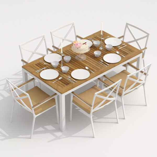 Мебель уличная столовая TELLA FESTA каркас белый стол тик 180 ткань бежевая