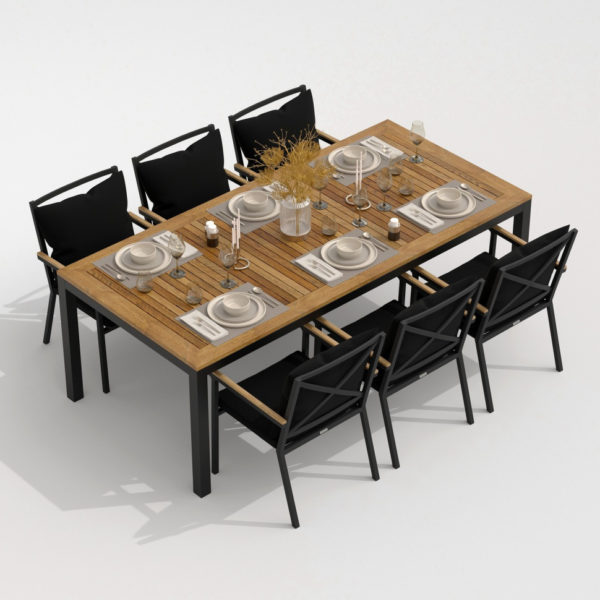 Садовая алюминиевая обеденная мебель TELLA FESTA plus каркас карбон стол тик 220 ткань черная